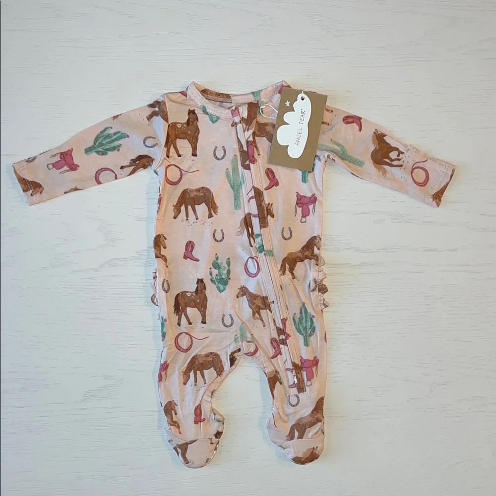 Angel Dear Ruffle Back Footie Western Horses Pink 0-3 3-6 6-9 9-12 month
